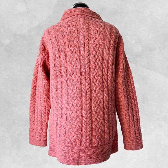 Aran Crafts Irish Merino Wool Coral Pink Collared Zip Cardigan Sweater-Women's M - Picture 6 of 8